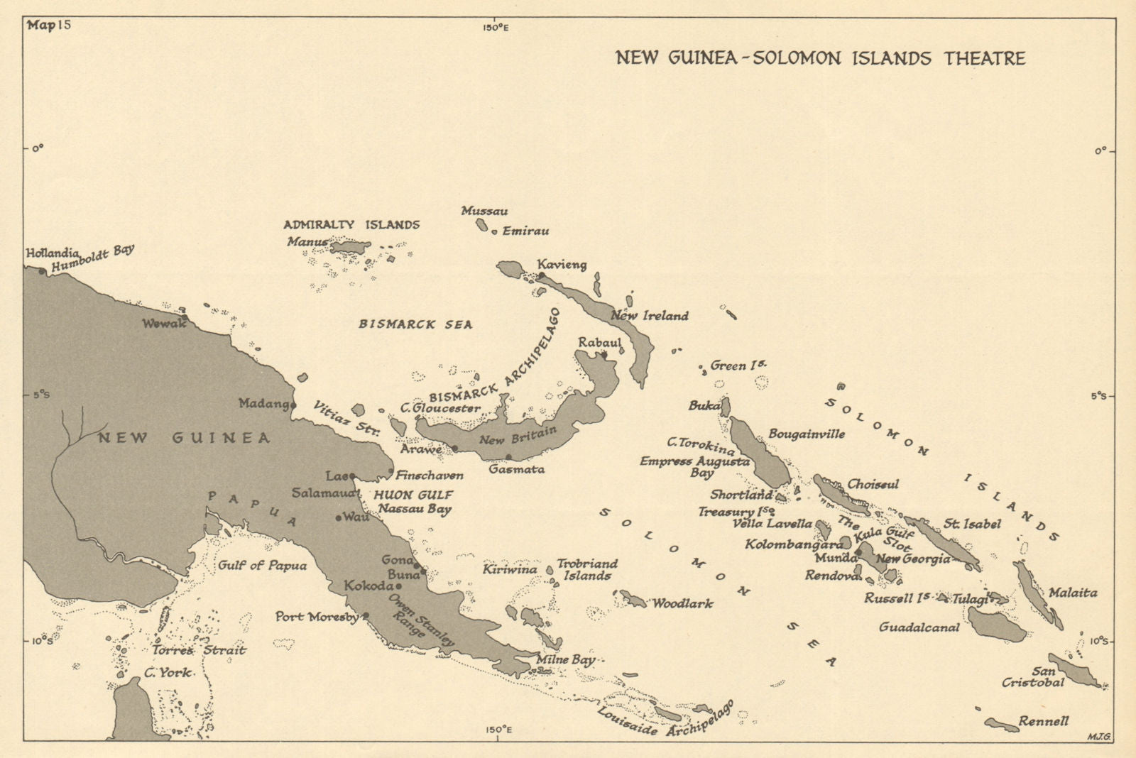 New Guinea & Solomon Islands Theatre. World War 2. Pacific 1954 old map